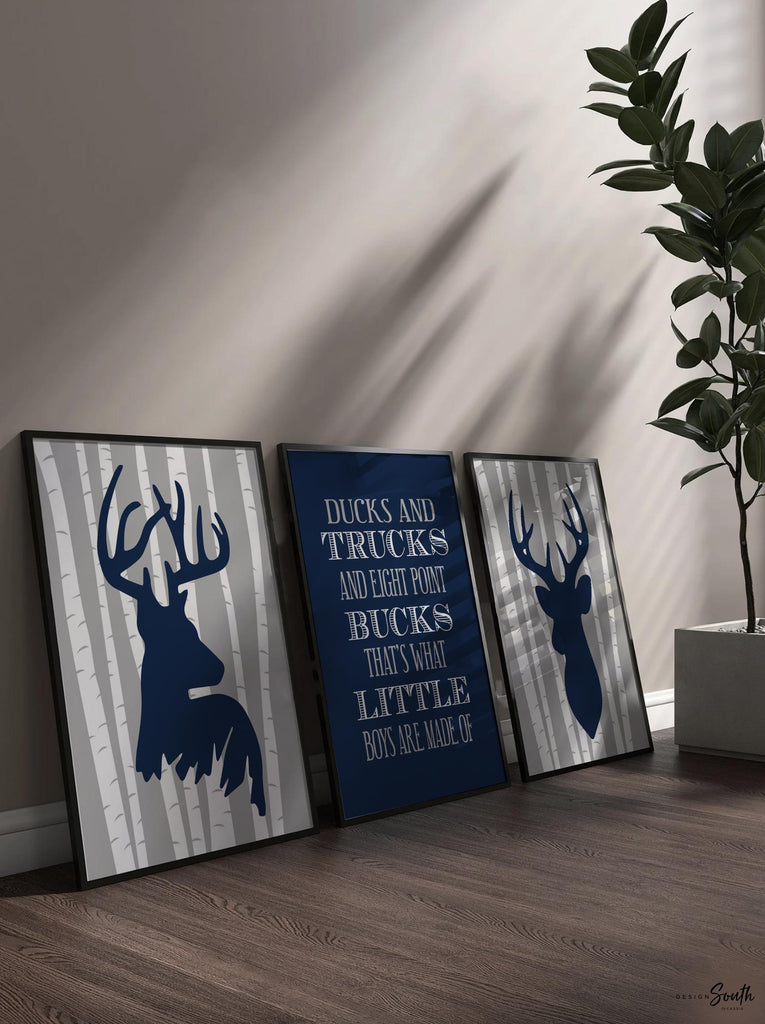 Deer nursery decor, boys nursery decor, ducks and trucks and eight point bucks, deer theme, deer nursery, eight point bucks, navy and gray