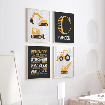 Construction prints, trucks, construction nursery, digger, bulldozer, boys nursery decor, yellow and gray art, art prints, boys construction