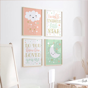 Mint peach and gold nursery, baby girl mint, baby girl peach, gold and peach, moon and stars, star nursery, baby star art, baby star decor