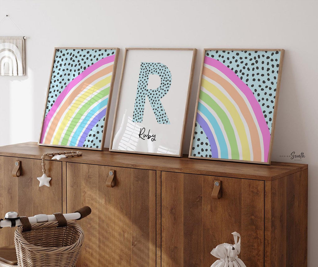 Rainbow nursery monogram art print, baby girl monogram nursery wall art, custom bedroom kid art, rainbow monogram letter, playroom wall art