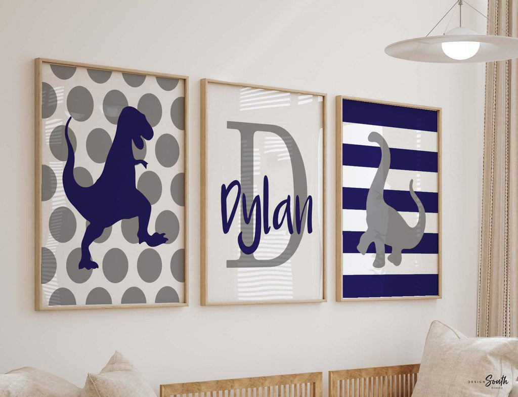 Navy blue and gray boys dinosaur art, personalized dinosaur bedroom, baby boy dinosaur wall art, personalized dinosaur nursery wall decor