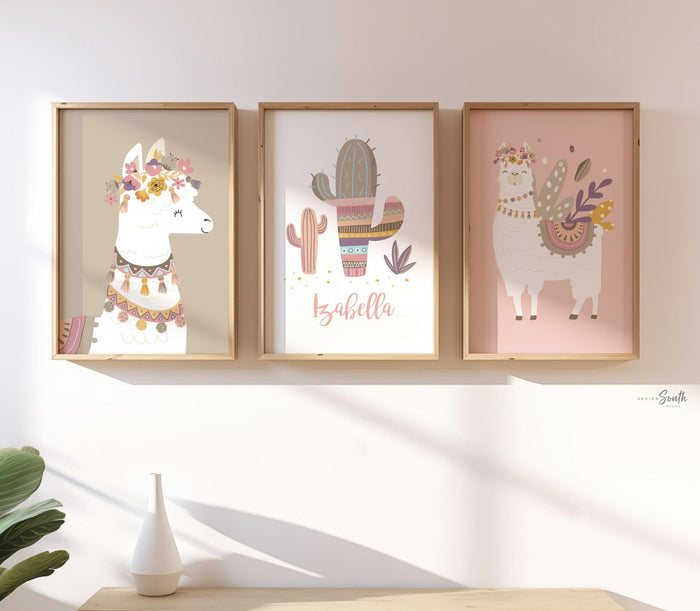 Baby girl nursery muted pink, floral llama pale pinks, baby alpaca decor mauve, crown animal llama pictures print set, bedroom girl's name