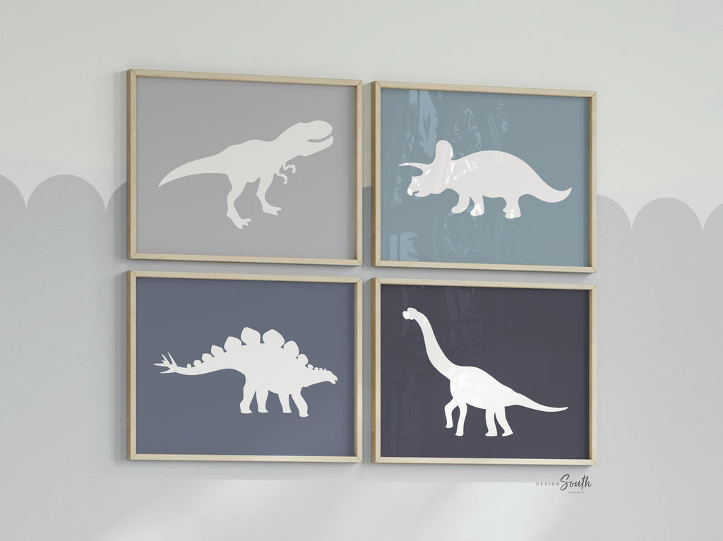 Blue gray dinosaurs, blue gray boys room art, toddler boy dinosaur themed bedroom, little boy dinosaur room prints, blue and gray dinosaurs