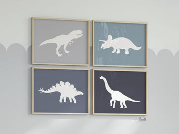 Blue gray dinosaurs, blue gray boys room art, toddler boy dinosaur themed bedroom, little boy dinosaur room prints, blue and gray dinosaurs