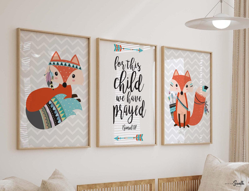 Fox nursery art, christian nursery quote, fox decor, gender neutral nursery decor, for this child we have prayed, neutral woodland nursery