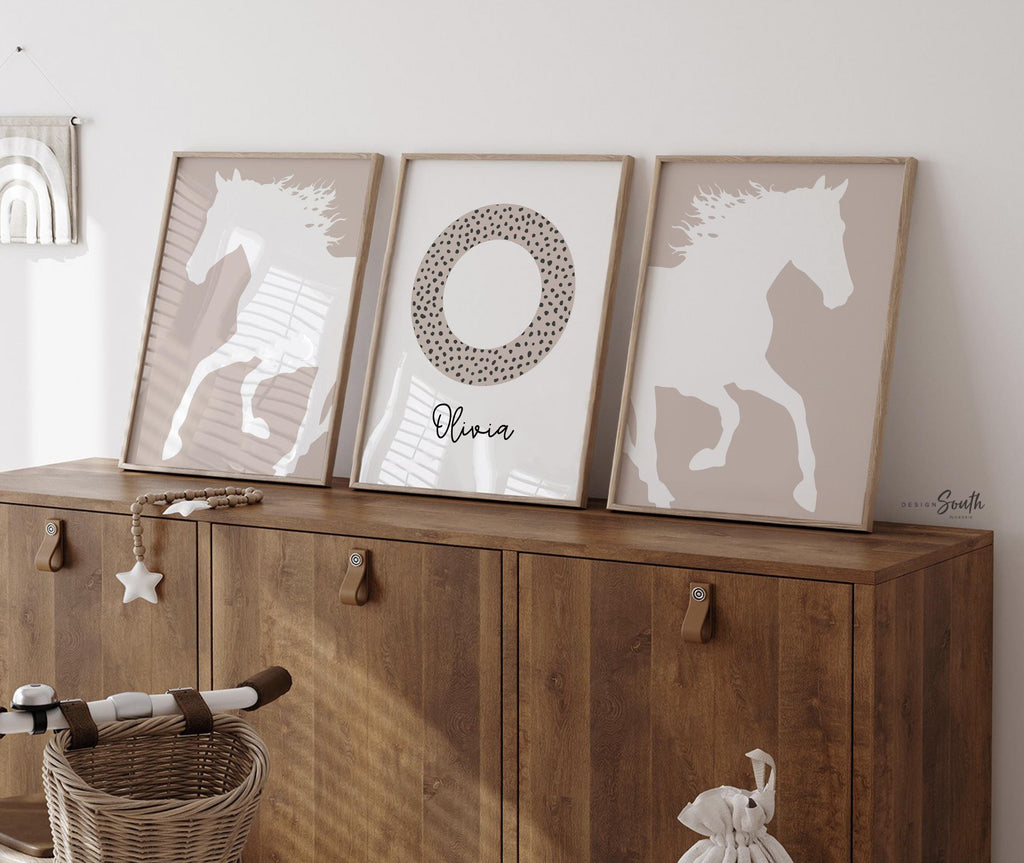 Horse prints for nursery girl personalized name, horse wall art, neutral beige tan gray equestrian themed room, pony horse room wall decor