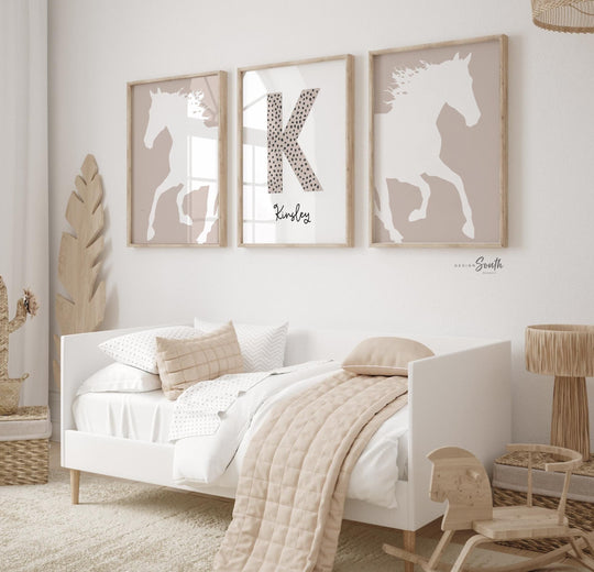 Horse prints for nursery girl personalized name, horse wall art, neutral beige tan gray equestrian themed room, pony horse room wall decor