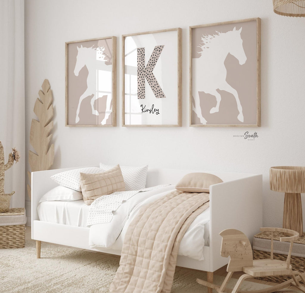 Horse prints for nursery girl personalized name, horse wall art, neutral beige tan gray equestrian themed room, pony horse room wall decor