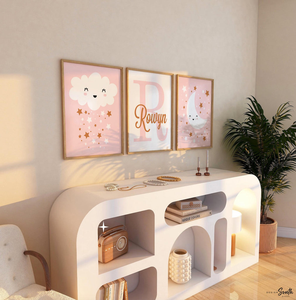 Girls nursery decor pink, baby girl wall art, blush bedroom decor little girl, pink moon star cloud gift, baby star art personalized name