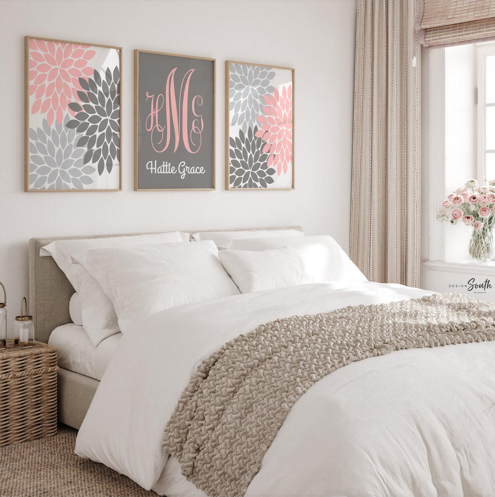 Baby girl nursery pink and gray, pink and gray flower nursery, pink and gray monogram nursery art, baby girl monogram art for nursery pink