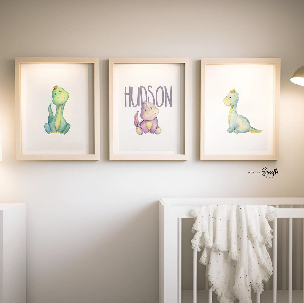 Personalized baby boy dinosaur, dinosaur nursery art, baby boy dinosaur themed, boys name sign dinosaur themed, wall art boys room dinosaurs
