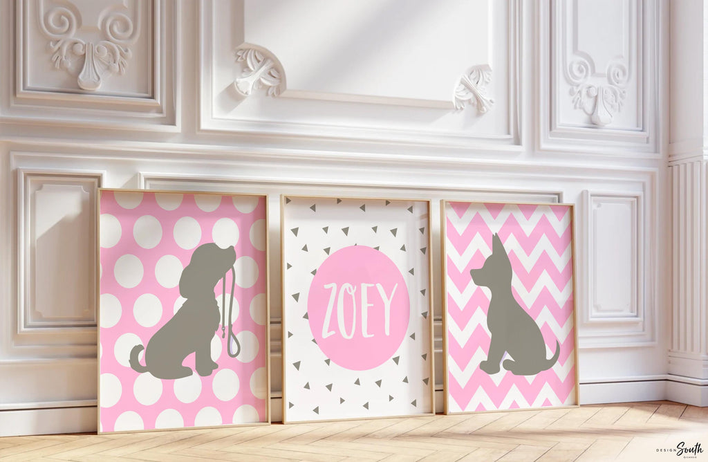 Pink puppy art, girls puppy art, baby girl puppy nursery, girls nursery puppies, girls puppy nursery, pink gray, pink and gray puppy nursery