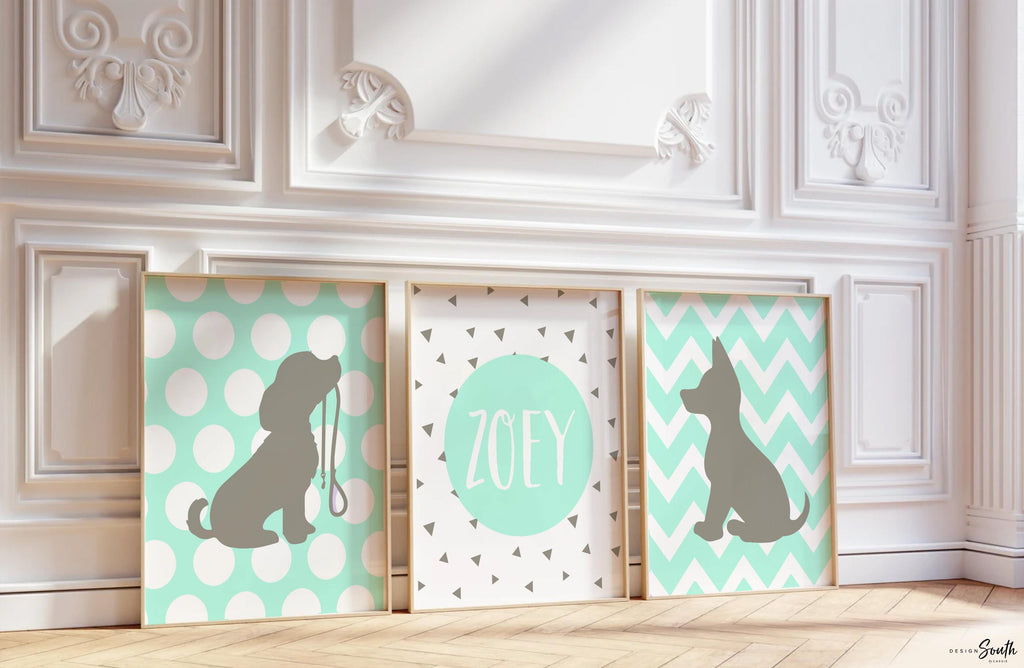 Mint unisex nursery decor, mint and gray nursery decor, puppy dog theme nursery decor unisex gender neutral, personalized name with dogs