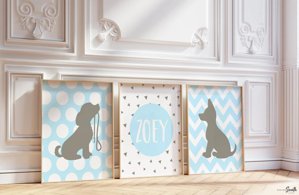 Baby boy nursery decor gray and baby blue, puppy art for boys, baby blue and gray nursery decor, nursery ideas boy, baby shower gift for boy