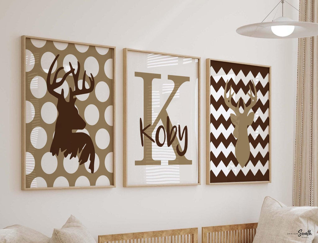 Beige and brown deer nursery art prints, personalized name boys room, hunting decor little boy, buck deer theme art, deer baby shower gift