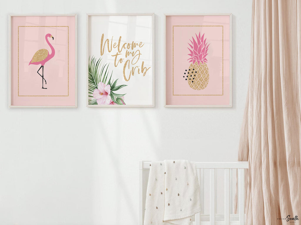 Pink gold flower sparkle baby room above crib art, welcome to my crib flamingo, tropical baby shower gift for girl, pink gold nursery art