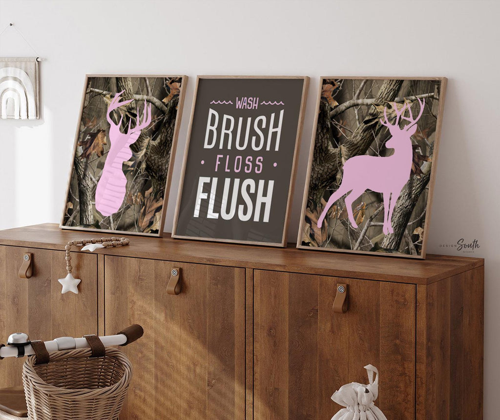 Pink camo bathroom decor for girl, pink deer bathroom decor, wash brush floss flush girls pink camouflage deer bathroom theme, pink hunting