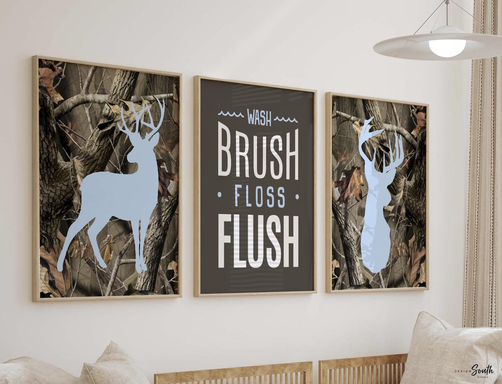 Pink camo bathroom decor for girl, pink deer bathroom decor, wash brush floss flush girls pink camouflage deer bathroom theme, pink hunting