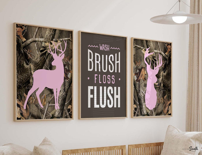 Pink camo bathroom decor for girl, pink deer bathroom decor, wash brush floss flush girls pink camouflage deer bathroom theme, pink hunting