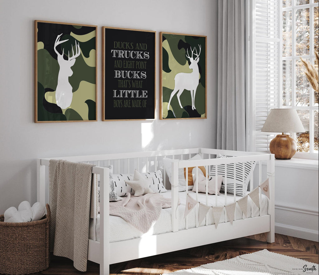 Buck deer nursery decor for boys military green camo, ducks trucks eight point bucks thats what little boys are made of kids hunting quote