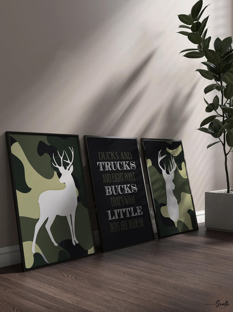 Buck deer nursery decor for boys military green camo, ducks trucks eight point bucks thats what little boys are made of kids hunting quote