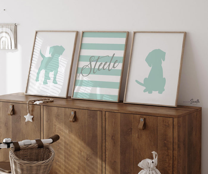 Mint green and gray boys nursery, baby boy puppy room decor, boys personalized monogram, puppy kid gift, puppy nursery decor, puppy print