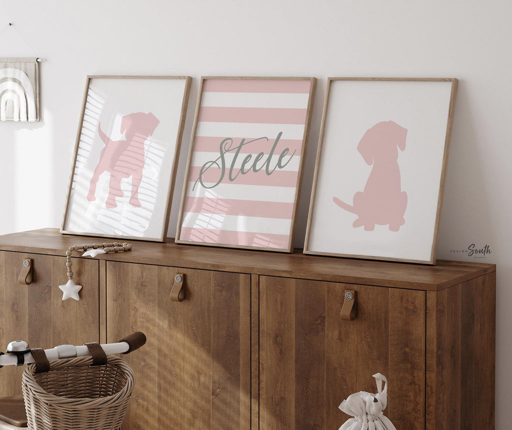 Baby girl wall art, pink puppy dog art, puppy nursery gift, dog nursery art, puppy nursery or bedroom wall art prints, pink gray dog nursery