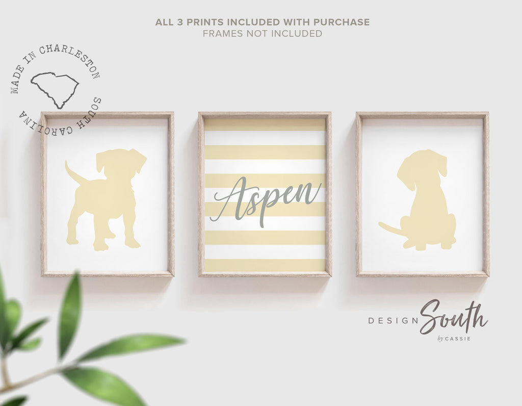 Gender neutral nursery puppy themed, wall art prints puppy dogs, dog prints for children, yellow gray print set, decor puppy dogs children