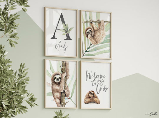 Sloth wall art for boys, sloth themed room personalized name, boys nature animal bedroom art prints, sloth boy decor, wall art child decor