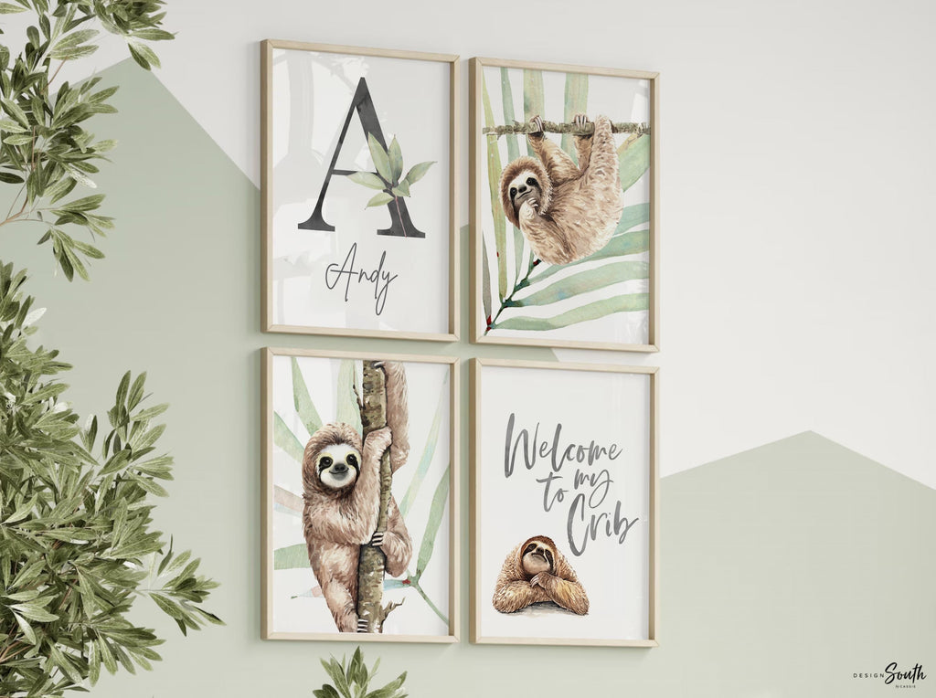 Sloth wall art for boys, sloth themed room personalized name, boys nature animal bedroom art prints, sloth boy decor, wall art child decor