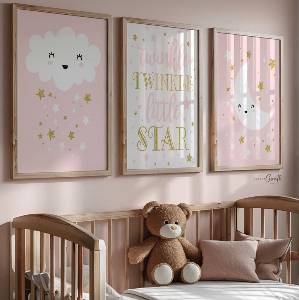 Baby girl nursery pink & gold, wall prints, baby shower gift for baby girl, pink gold decor, moon stars, baby girl wall art, gold sparkles