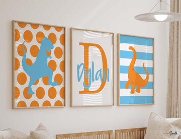 Orange and baby blue dinosaur nursery, dinosaur decor, dinosaur art, baby boy dinosaur nursery, modern dinosaur nursery, orange blue nursery