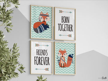 Gender neutral twin nursery, fox twins nursery art, gender neutral bedroom ideas for twins, boy girl shared bedroom art, kids twin quotes