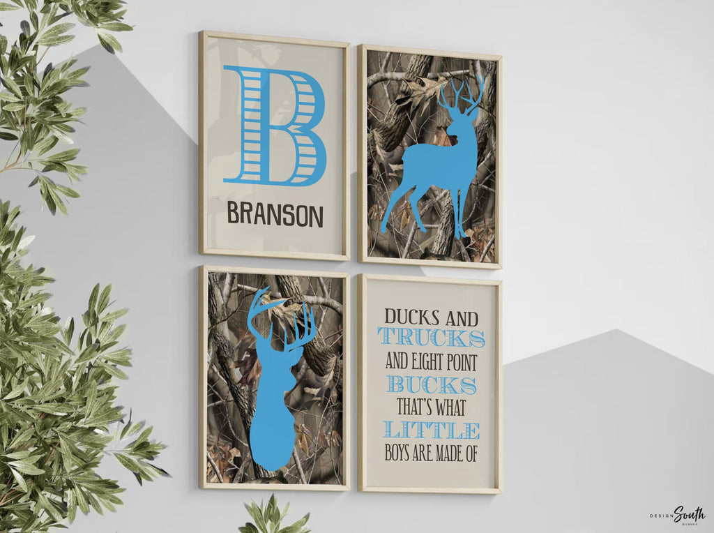 Camo nursery decor, boys nursery decor, buck deer nursery art for boys, eight point buck, hunting theme, ducks and trucks, blue and camo