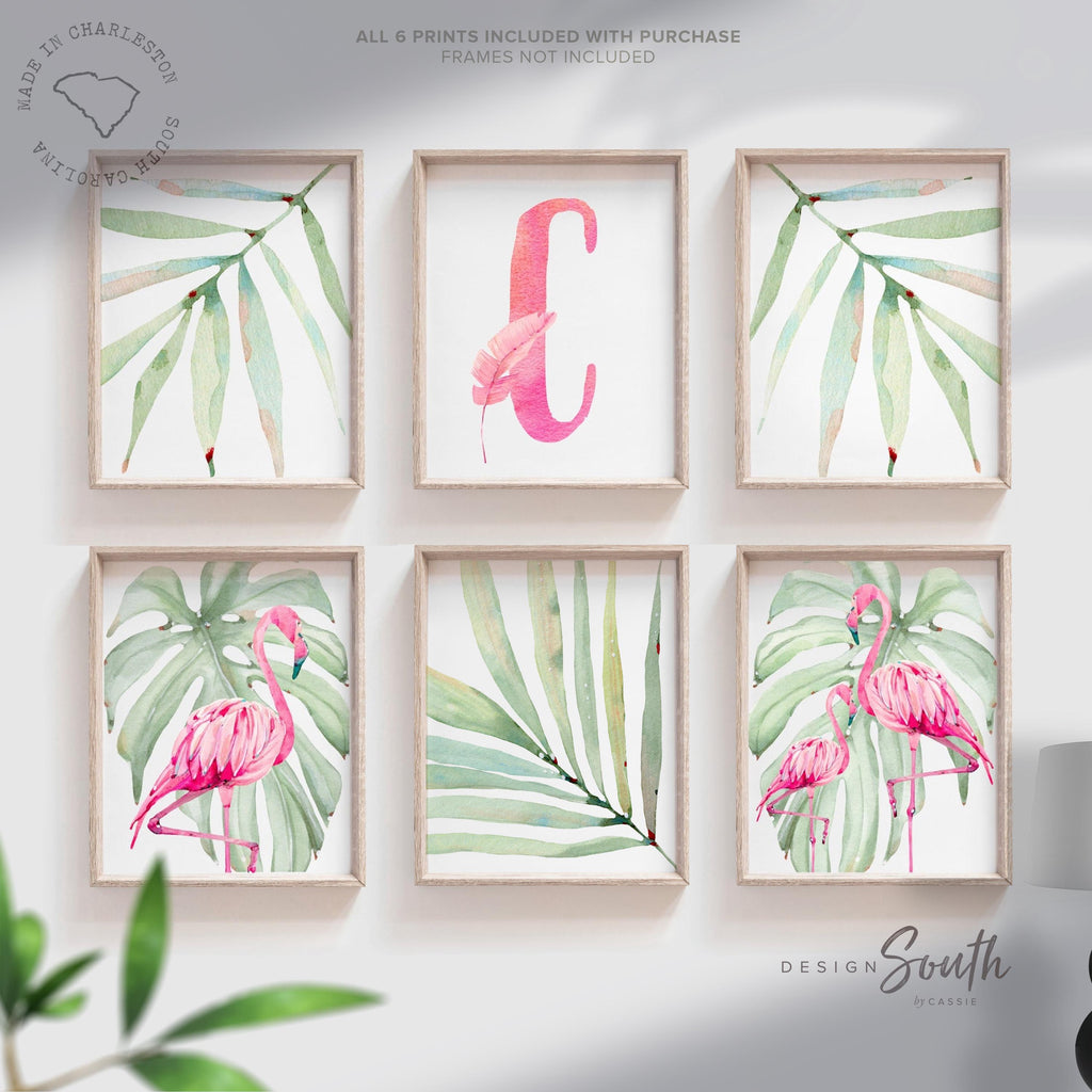 Girls nursery decor, tropical leaf flamingo decor, girls nursery tropical theme, girls bedroom theme, pink tropics nursery flamingo baby art