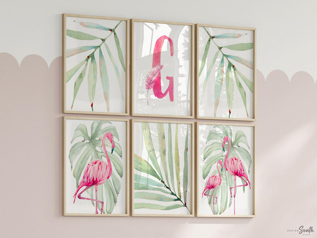 Girls nursery decor, tropical leaf flamingo decor, girls nursery tropical theme, girls bedroom theme, pink tropics nursery flamingo baby art