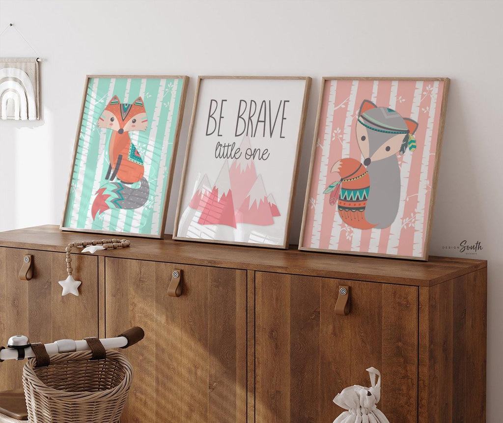 Girl fox, pink coral and mint woodland, girl tribal nursery, baby girl woodland, fox nursery prints, fox wall art, fox nursery decor, boho