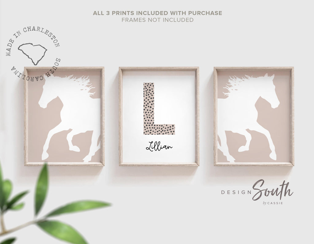Horse prints for nursery girl personalized name, horse wall art, neutral beige tan gray equestrian themed room, pony horse room wall decor