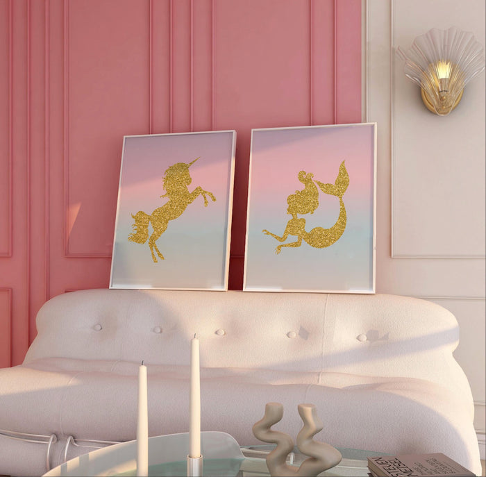 Girl's unicorn art pink gold glitter sparkle, unicorn mermaid theme wall decor, unicorn monogram girls name initial, wall art set pink gold