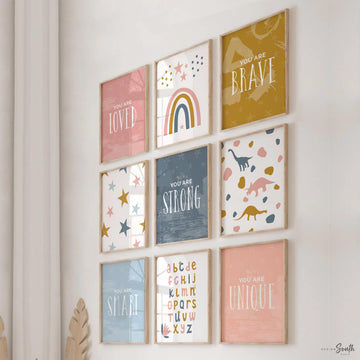 Girl dinosaur art, girls playroom bedroom rainbows stars alphabet print set, inspirational posters prints for little girls, pink dinosaurs