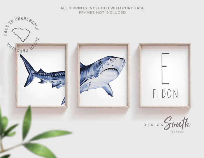 Personalized shark nursery gift, shark toddler boy bedroom theme, art prints shark with boys name, baby boy shark nursery wall, shark gift