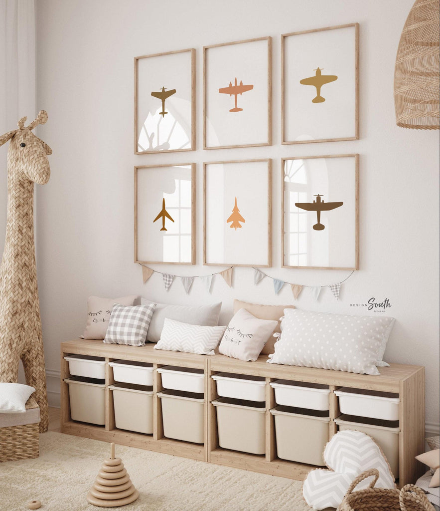 Airplane nursery wall art, set of 6, boy plane bedroom prints, plane room decor for toddler, airplane themed collection, airplane themed art
