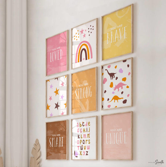 Girl room art, set of 9, girls bedroom wall decor, pink wall art, gift for girls, pink bedroom wall art prints, star rainbow quotes girl art