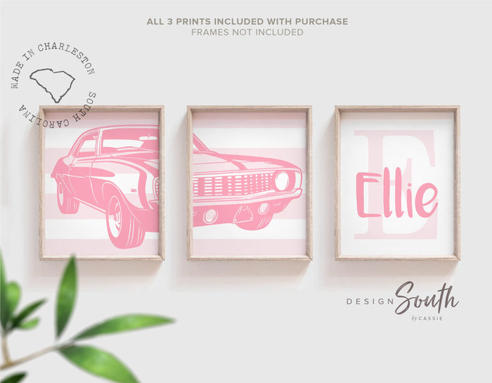 Pink 1969 chevy camaro ss350, camaro car themed big girl room, antique car print tom girl, girl car wall decor chevy camaro ss350 wall art