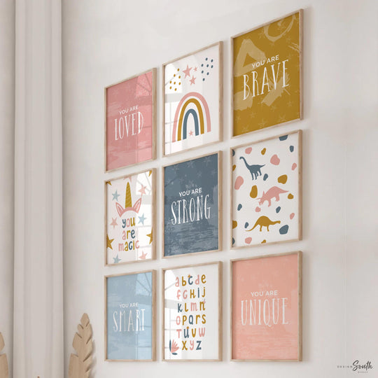 Girls bedroom nursery or playroom wall decor, pink blue dinosaur print set for girls, wall art for girls room, happy inspirational prints