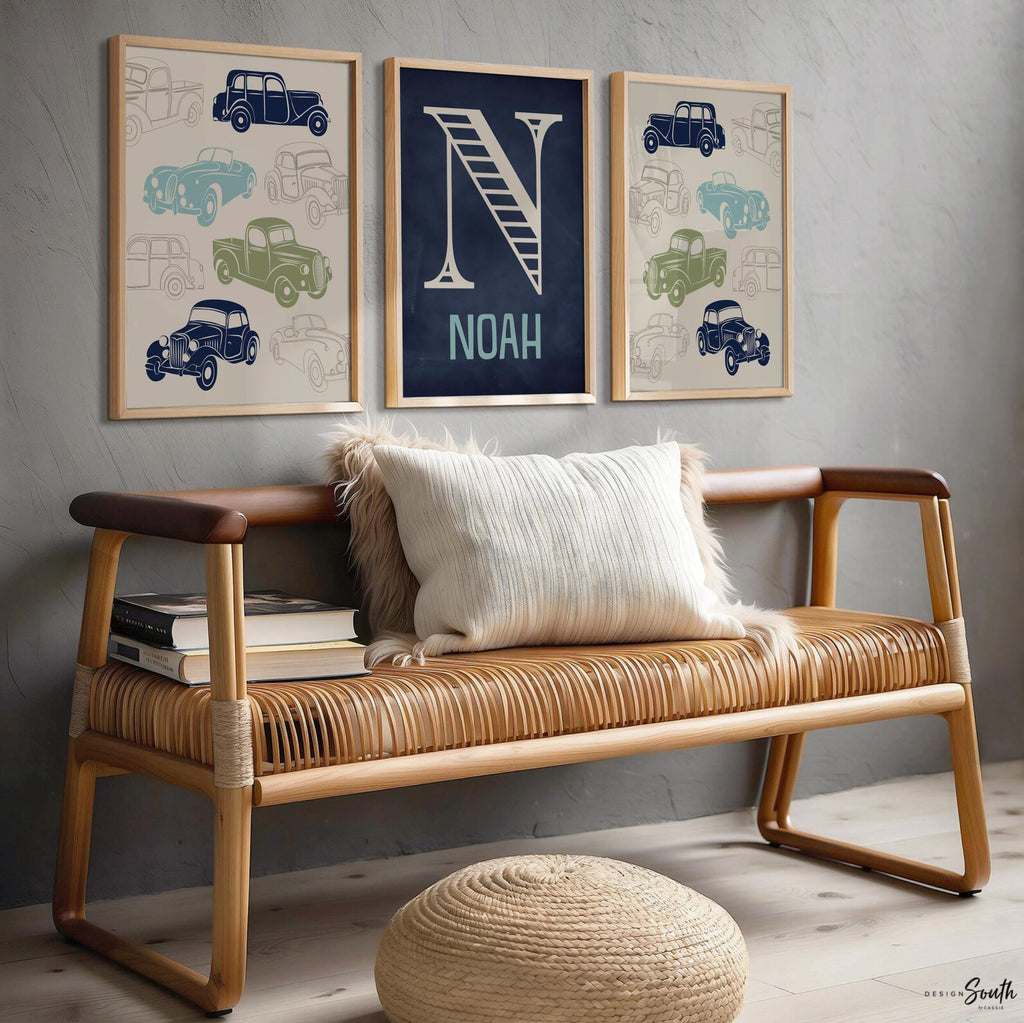 Baby boy nursery decor, baby boy nursery art, boy bedroom decor, boy bedroom art, retro car nursery art, retro car nursery decor, truck art