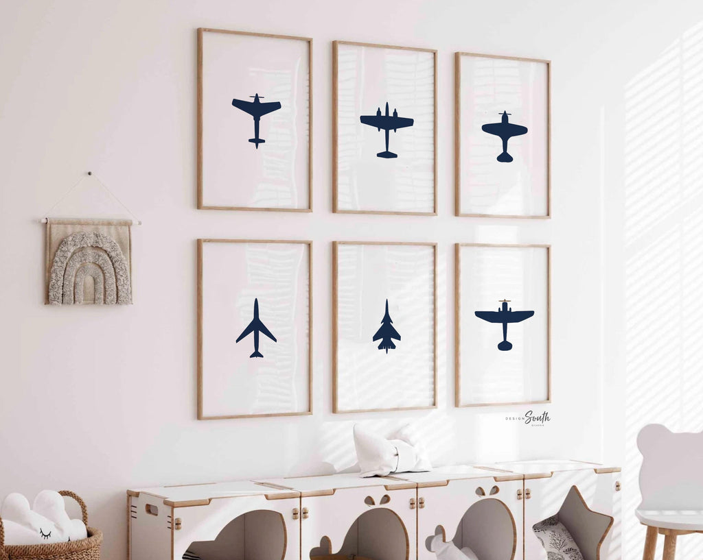 Airplane nursery wall art, boy plane bedroom prints, plane room decor for toddler, boy airplane poster print set six, airplane themed decor