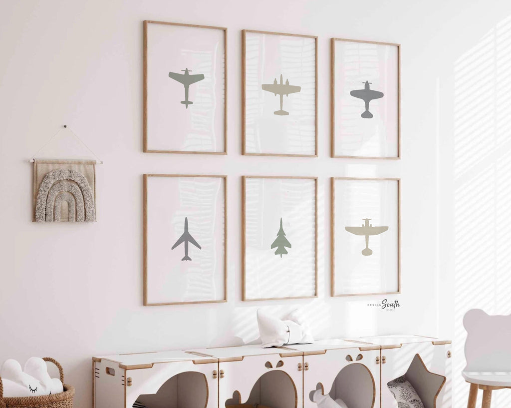 Gray airplane art, gender neutral set airplane art, airplane bedroom wall art, airplane nursery room decor for kids, neutral airplane decor
