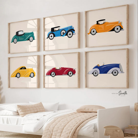 A set of 6 retro car nursery art prints featuring vintage-inspired, bright, and colorful vehicles perfect for decorating a baby boy's room, toddler bedroom, or playroom. These prints showcase classic car designs in vibrant colors, adding a fun and nostalgic touch to any child's space. Ideal for wall decor, these vintage car prints bring charm and style to nurseries, bedrooms, and play areas, making them a perfect gift for baby showers, birthdays, or room makeovers.