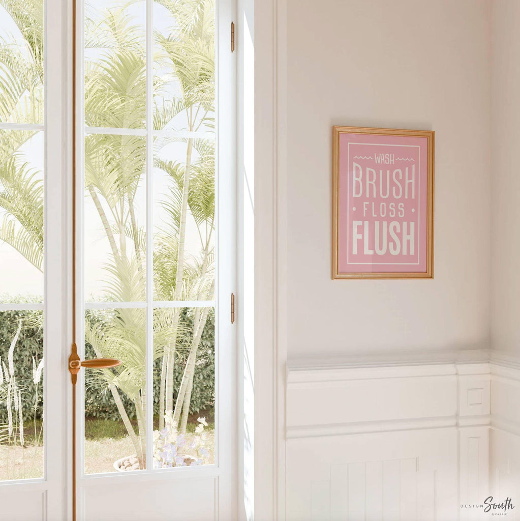 Pink bathroom wall art for girls featuring the phrases &quot;wash, brush, floss, flush&quot; in soft pink and white tones. Perfect for a girl&#39;s bathroom or powder room, this print adds a fun and feminine touch while encouraging daily hygiene routines. Ideal for children&#39;s bathroom decor, pink bathroom themes, or playful girly wall accents.